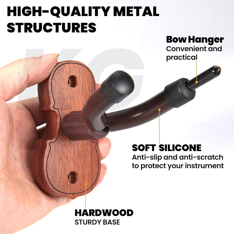 KKG Violin Wall Mount Violin Hanger 1 Pack with Bow Hook Home & Studio Rosewood Violin/Viola Stand - Image 3